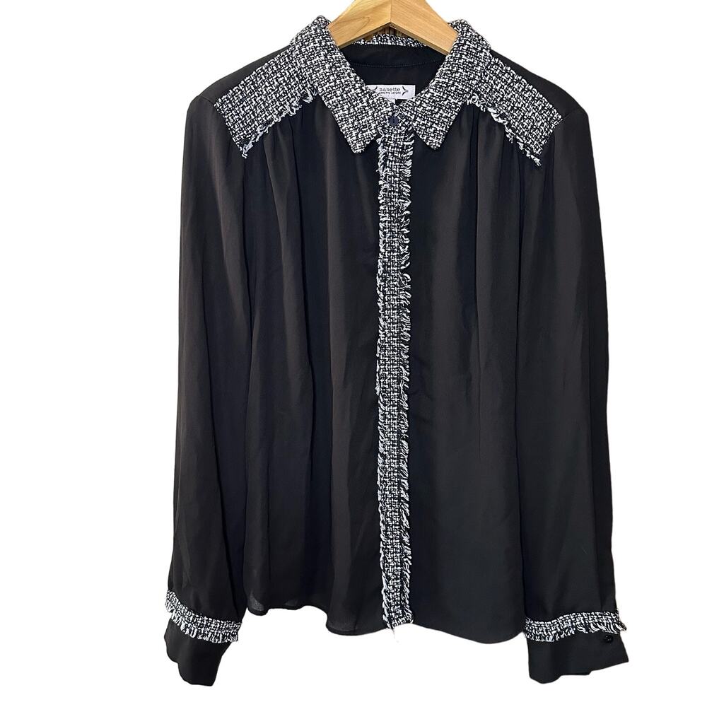 Nanette Lepore Black White Tweed Trim Corpcore Classic Long Sleeve Blouse XL